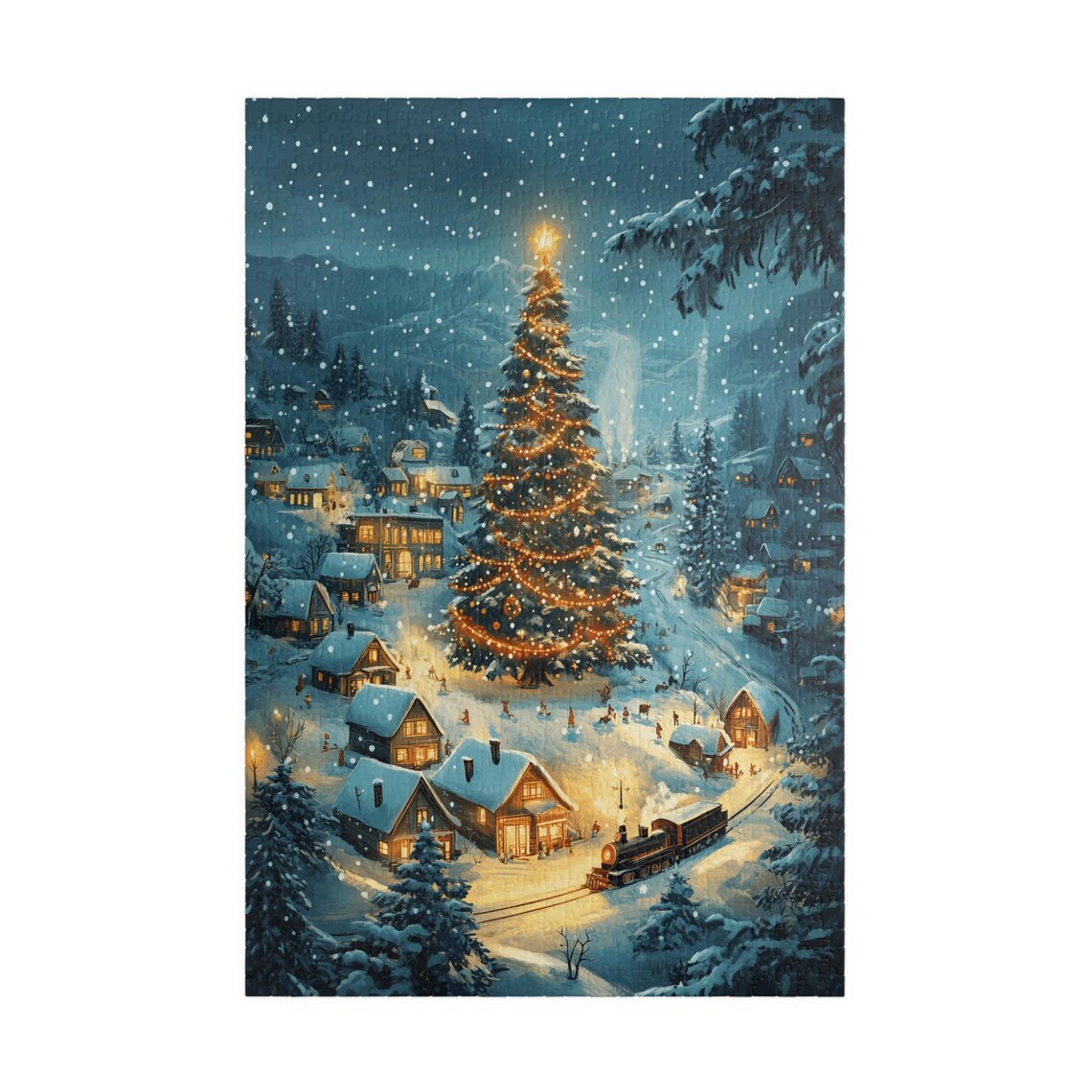 Snowy Mountain Village With Giant Lit Christmas Tree Art Poster - Image 3