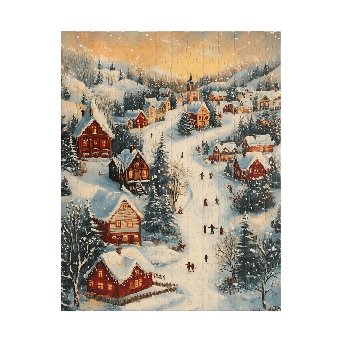Scandinavian Snowy Village Sunset Skiers Folk Art Winter Poster - Image 5