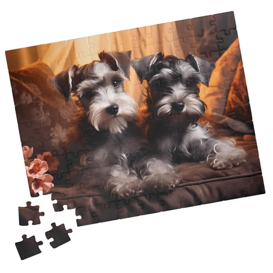 Two Miniature Schnauzers Cuddling on a Cozy Couch Art Poster
