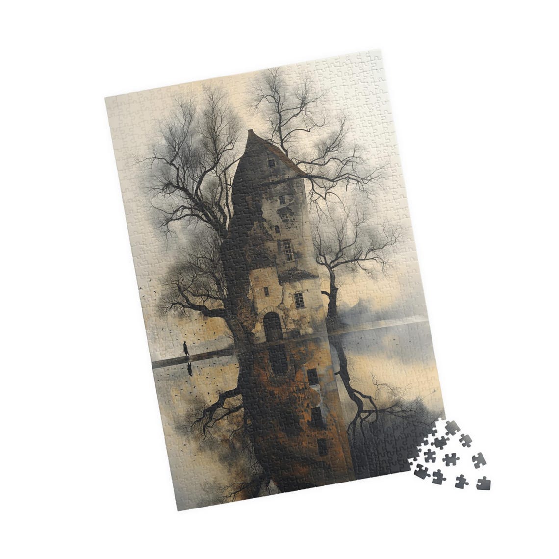 Moody Stone Lakeside House with Reflection in Misty Dawn Poster - Image 4