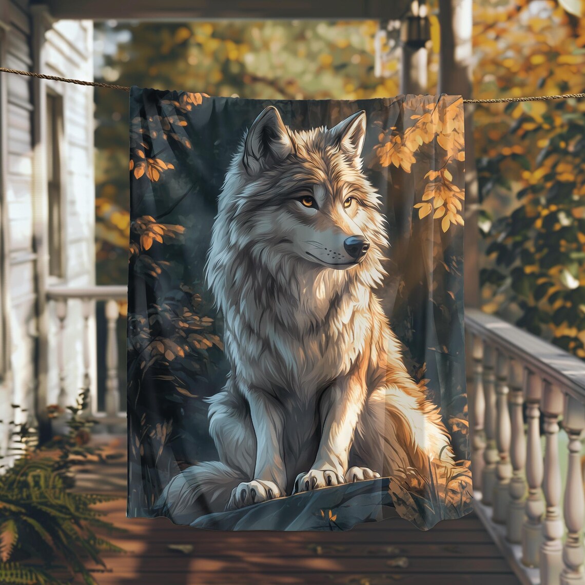 Majestic Wolf Sitting Among Golden Autumn Leaves Portrait Poster