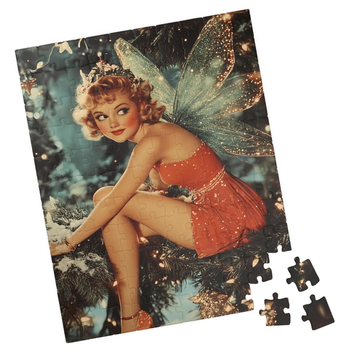 Vintage Christmas Fairy In Red Dress On A Snowy Tree Branch Print