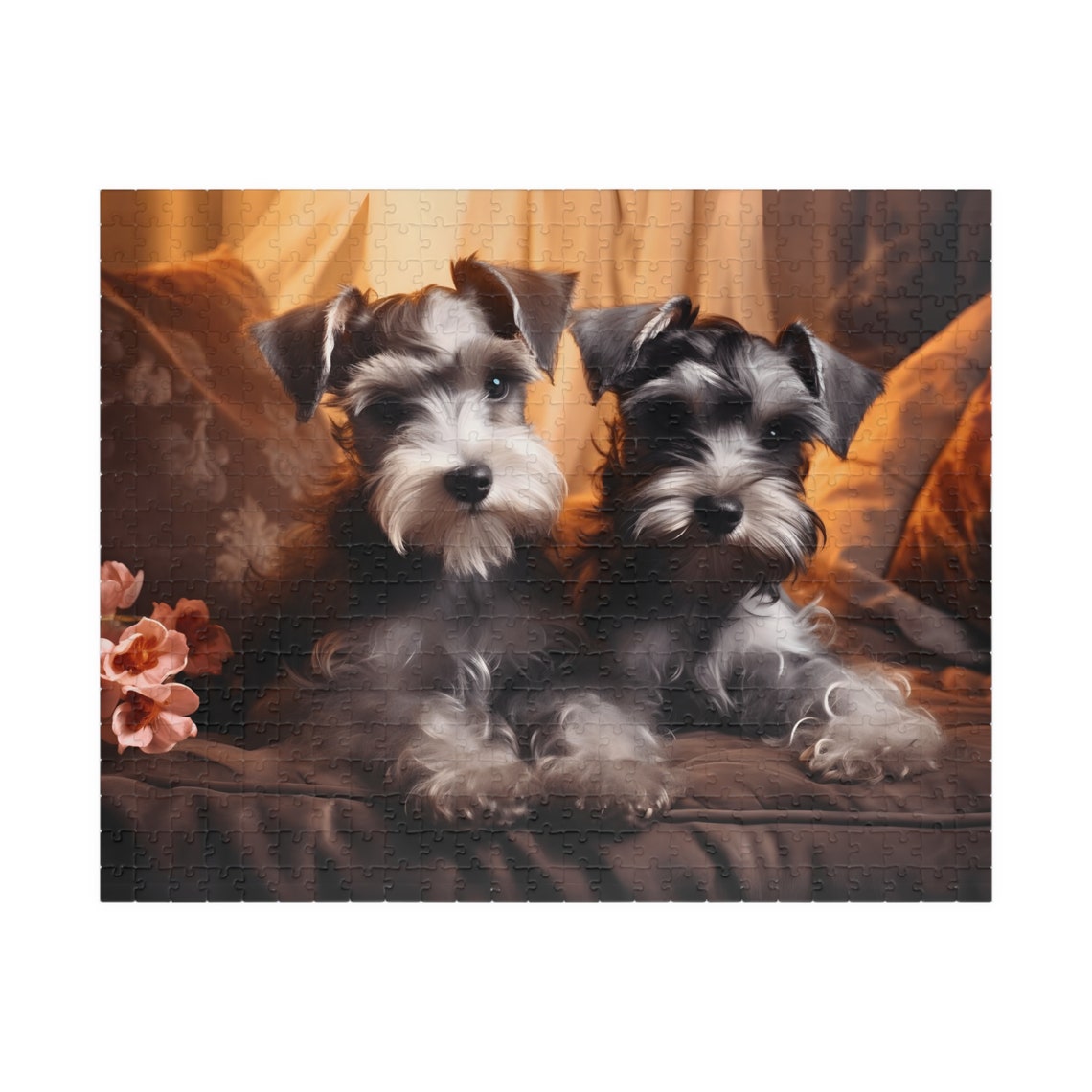 Two Miniature Schnauzers Cuddling on a Cozy Couch Art Poster - Image 2