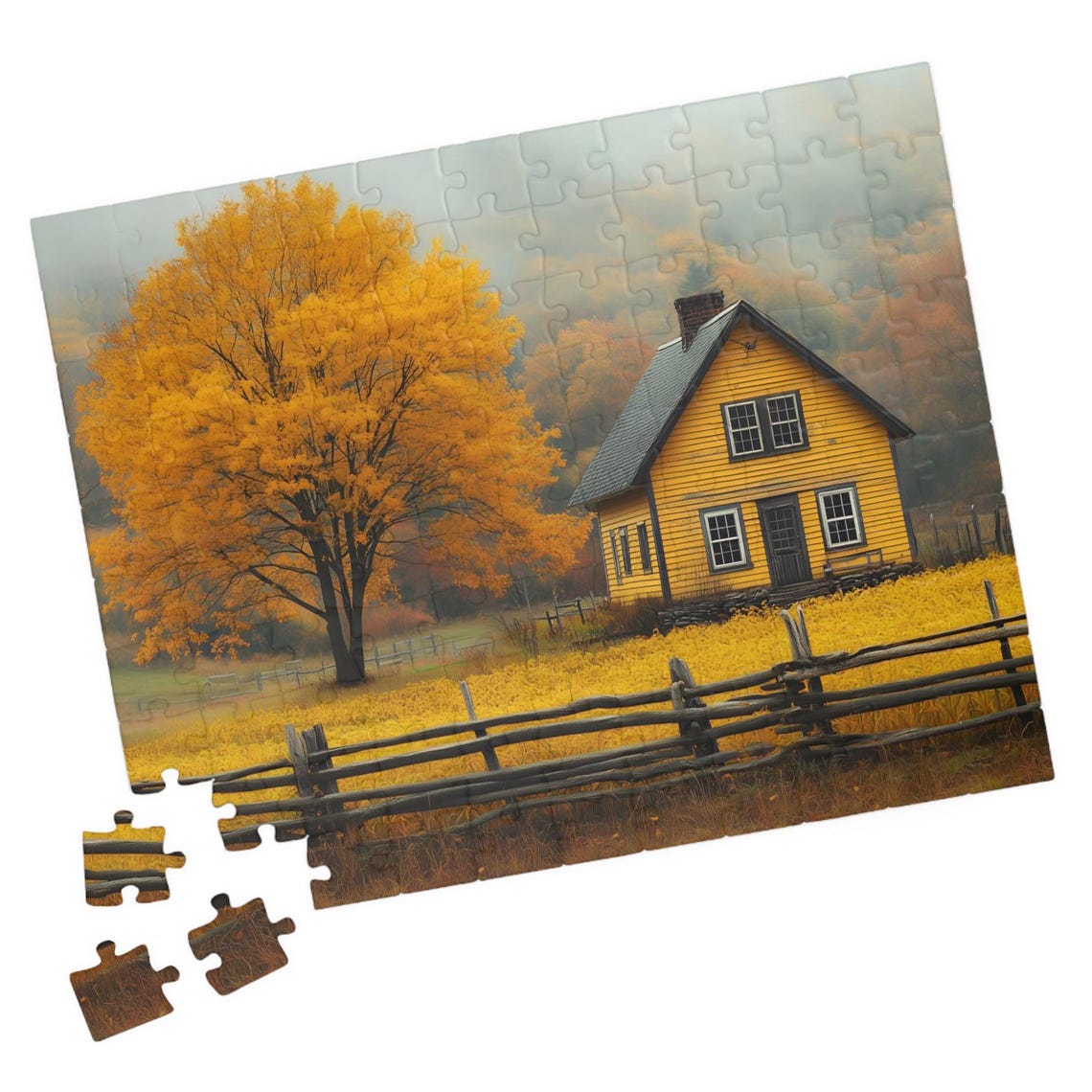 Golden Yellow Country House in Fall Beside Maple Tree Autumn Poster