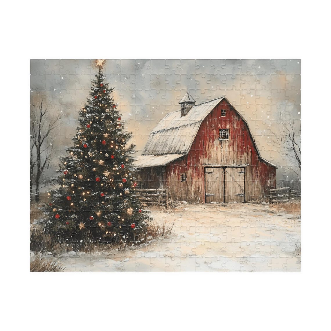 Red Barn With A Decorated Christmas Tree In A Snowy Field Art Print - Image 3
