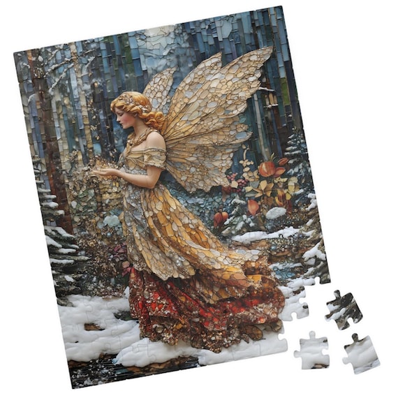 Stained Glass Winter Angel with Golden Mosaic Wings Snow Poster