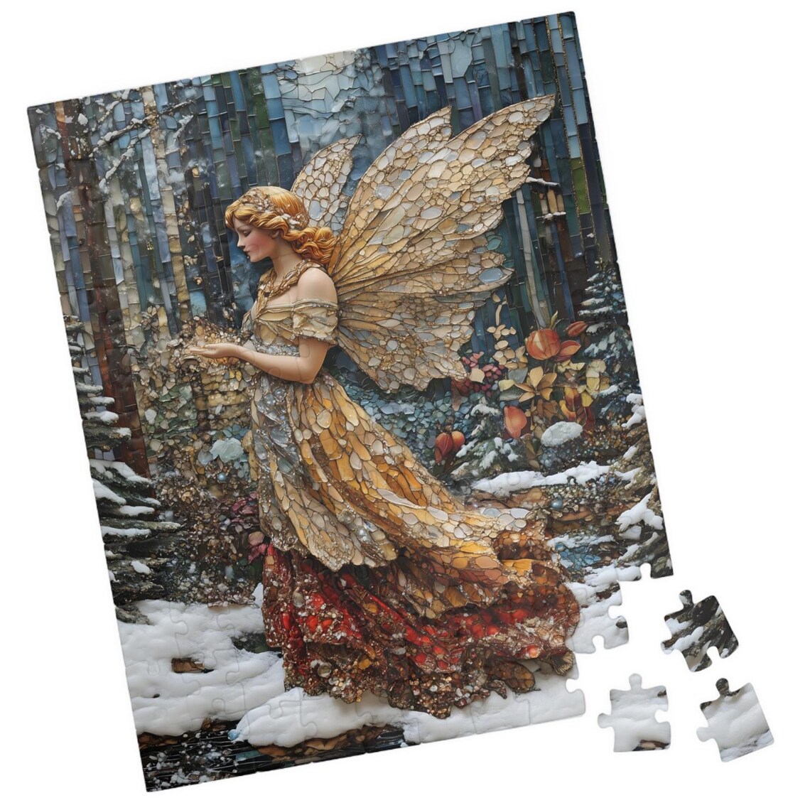 Stained Glass Winter Angel with Golden Mosaic Wings Snow Poster