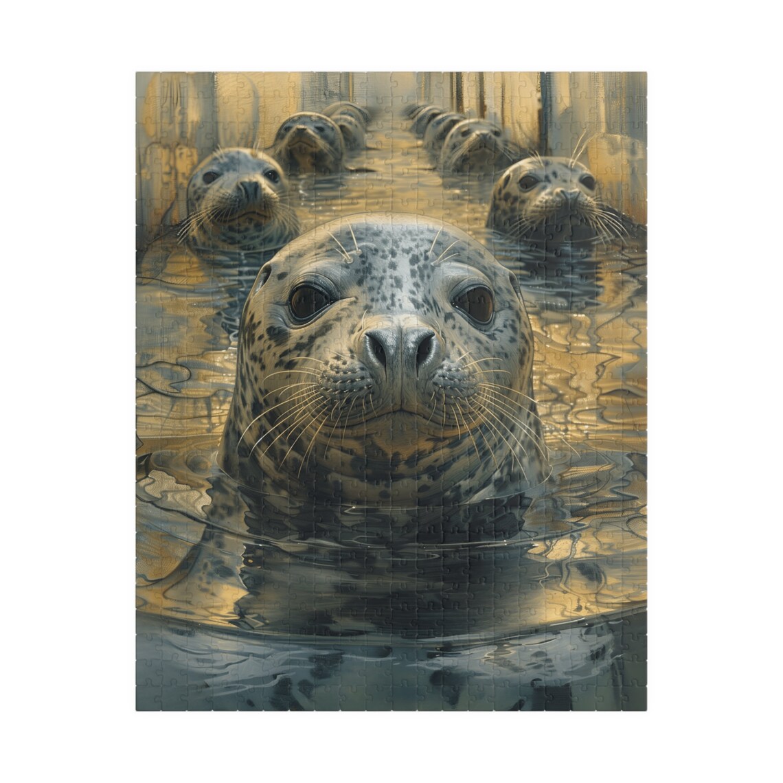 Curious Seals Swimming in Golden Sunlit Water Close Up Art Print - Image 5