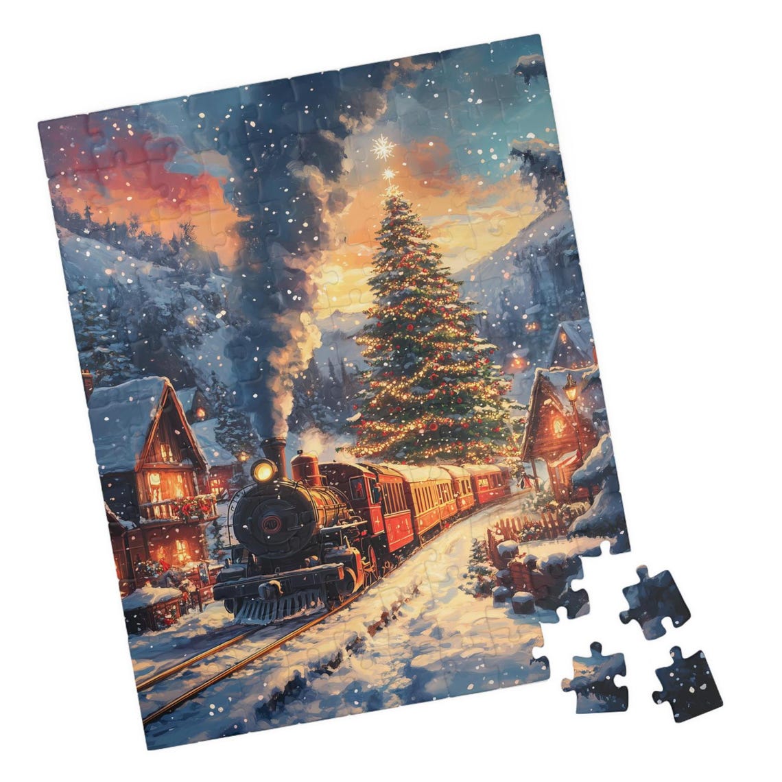 Christmas Village Steam Train at Sunset by Glowing Holiday Tree Poster