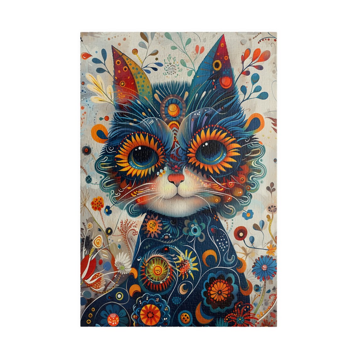 Colorful Folk Art Cat Portrait with Sunflower Eyes Art Poster - Image 4