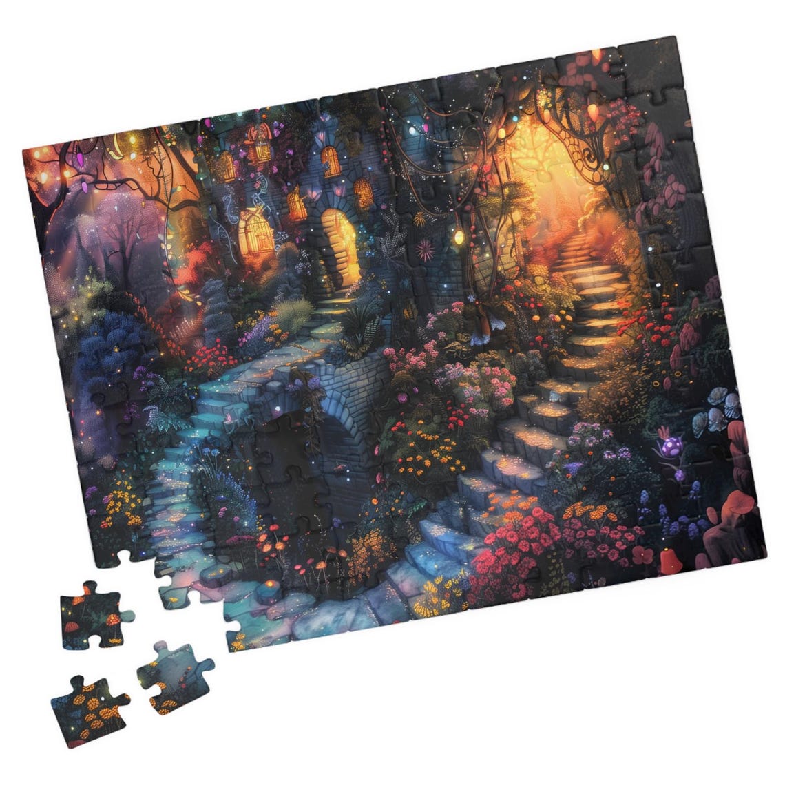 Secret Fairy House Glowing Garden Night Stairs Lantern Light Poster