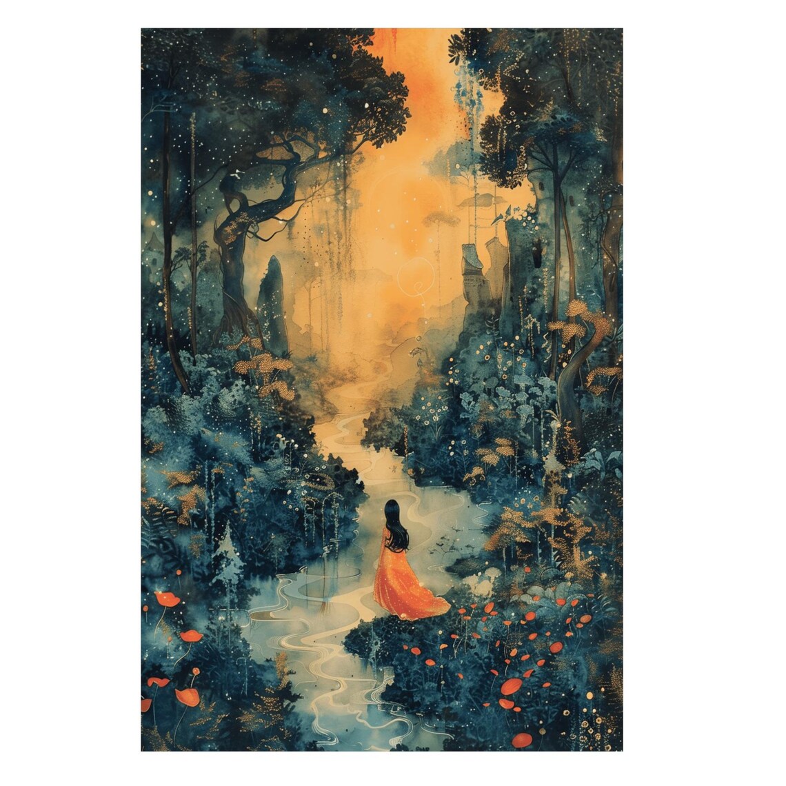 Woman in Orange Gown Walking a Glowing Golden Forest Path Poster - Image 3