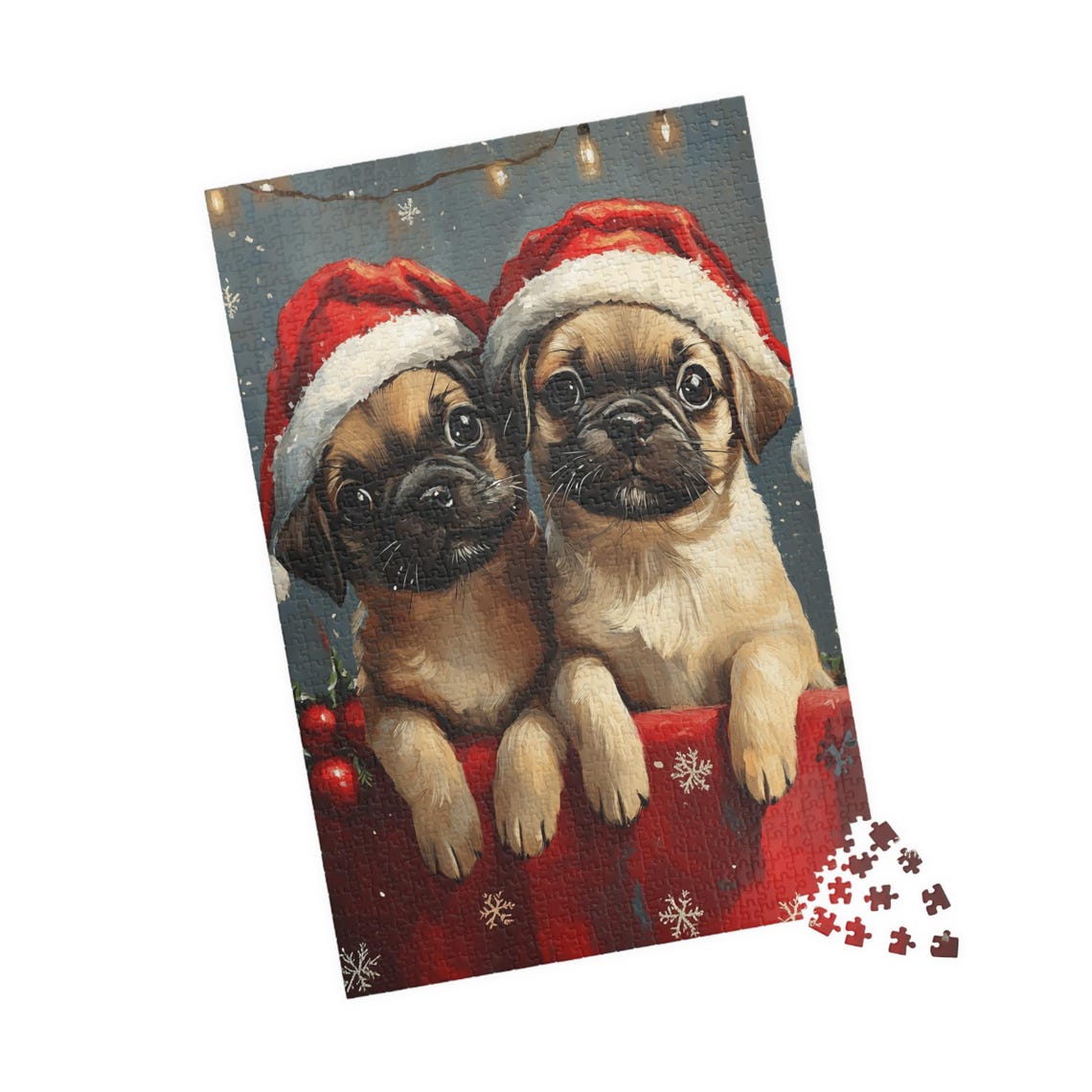 Two Pug Puppies in Santa Hats on Red Gift Box Christmas Dog Poster - Image 4