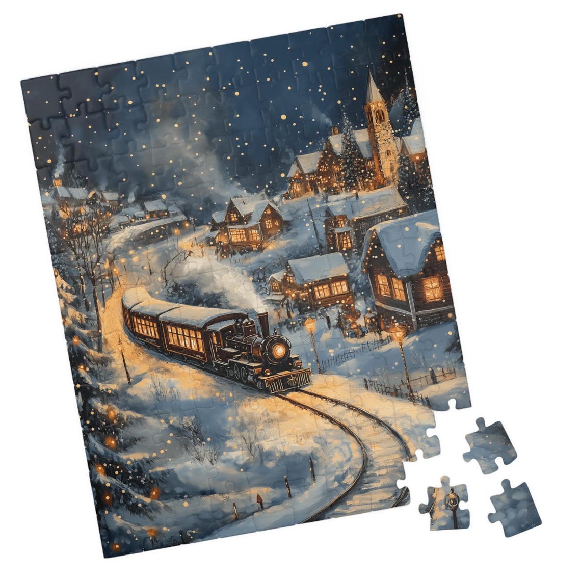 Steam Train Winding Through A Snowy Village At Night Art Poster