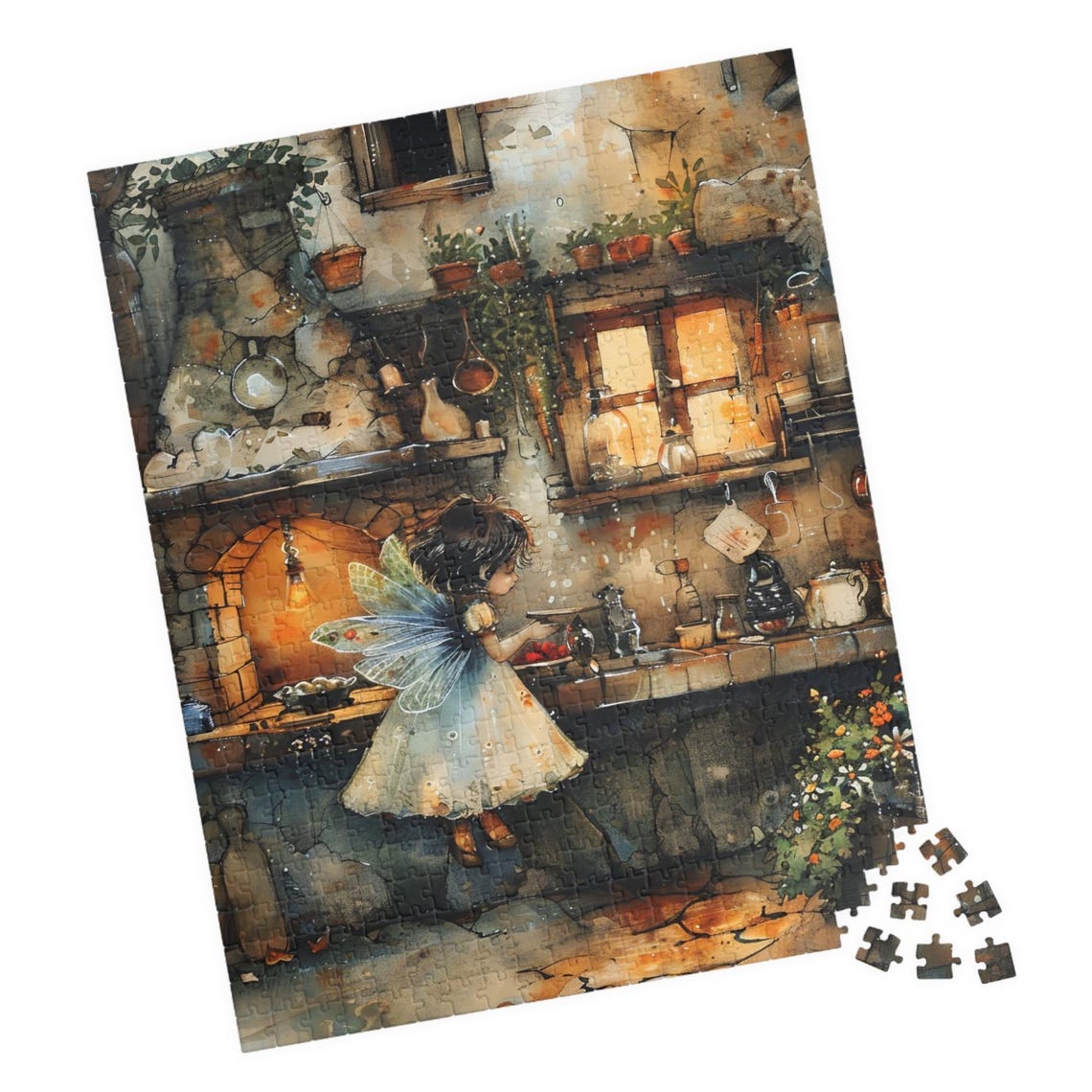 Fairy Girl in a Dark Cottage Kitchen by a Warm Glowing Hearth Print