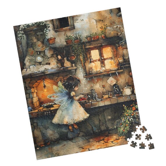Fairy Girl in a Dark Cottage Kitchen by a Warm Glowing Hearth Print