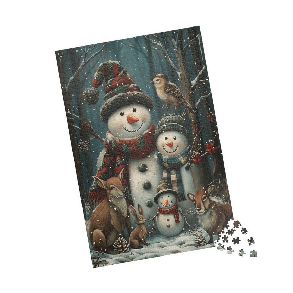 Snowman Family with Deer and Rabbit Snowy Forest Christmas Poster - Image 4