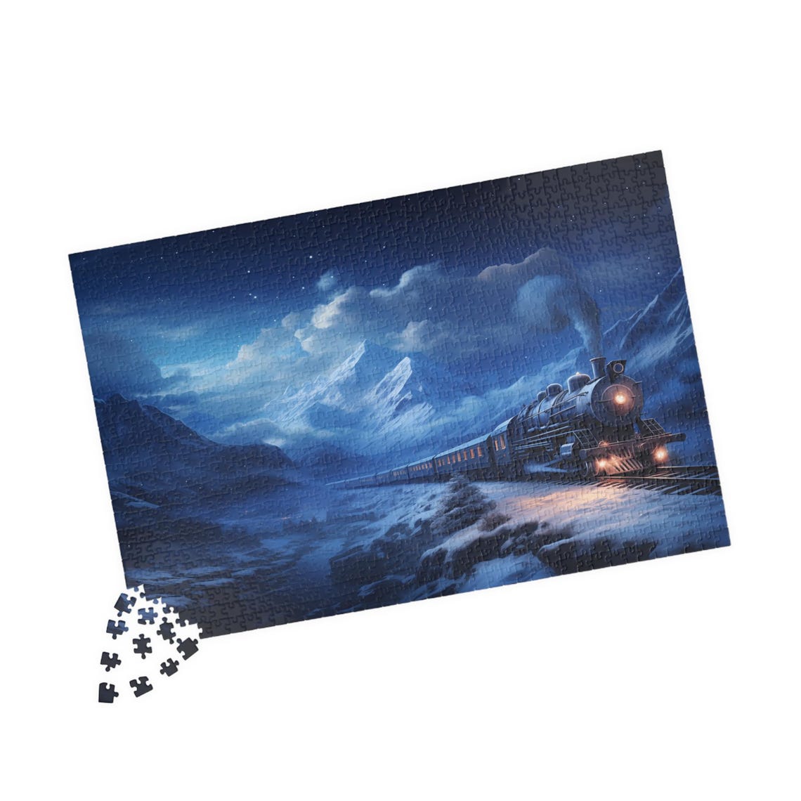 Moonlit Steam Train Crossing A Snowy Mountain Pass Art Poster - Image 4