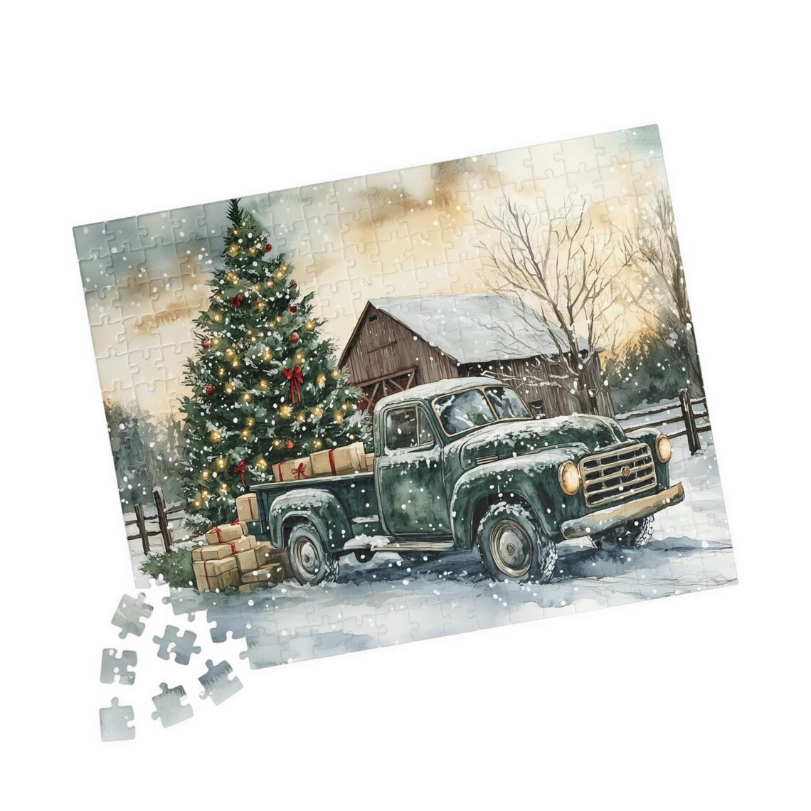 Vintage Green Truck With Christmas Tree Gifts and Red Barn Poster - Image 4