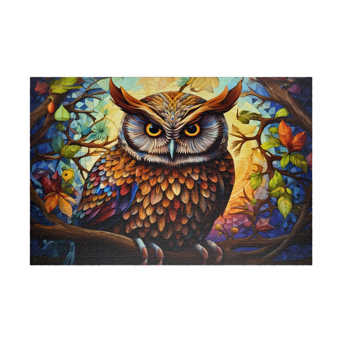 Colorful Mosaic Owl Perched on a Branch in Stained Glass Style Print - Image 4