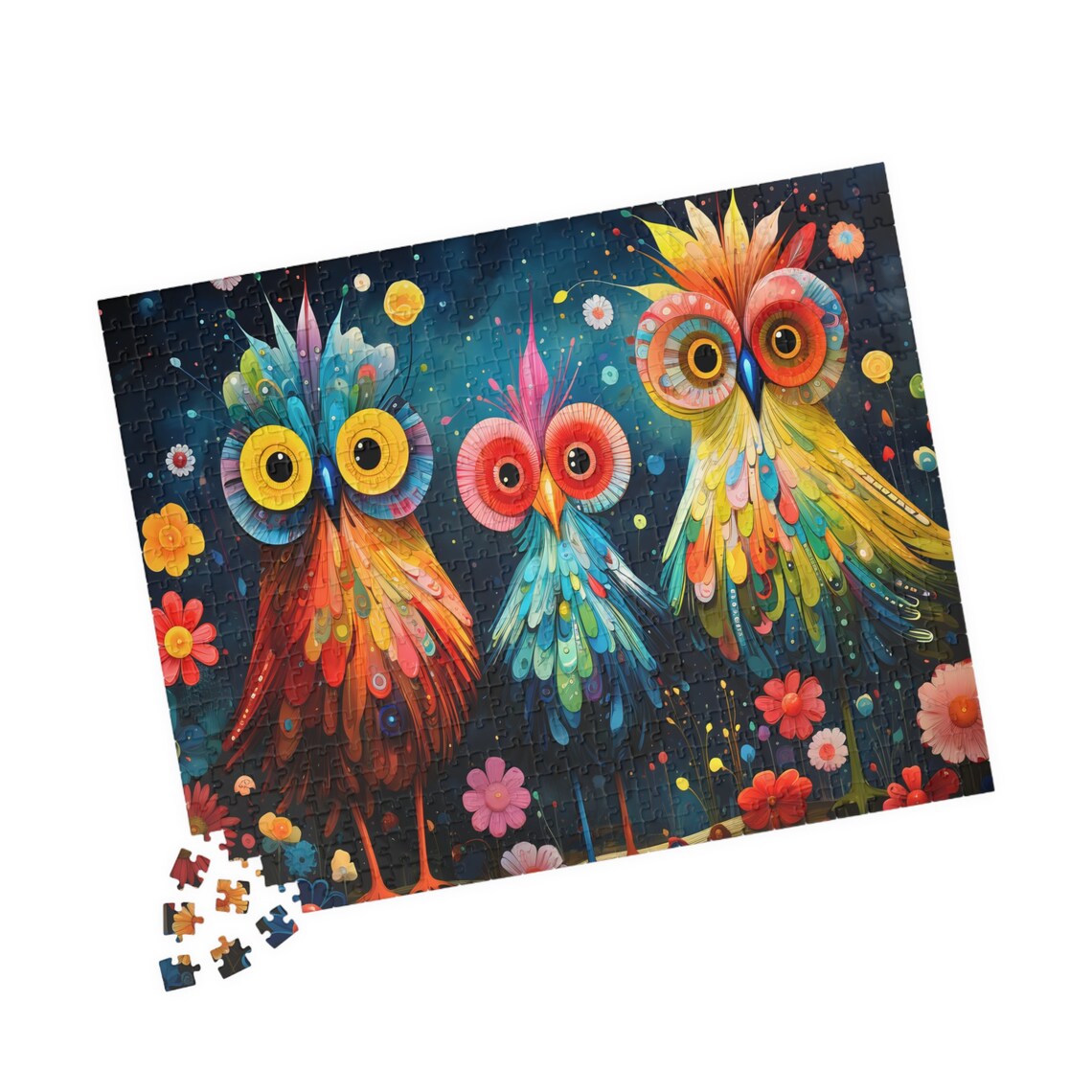 Three Whimsical Colorful Owls Fantasy Night Bird Scene Poster - Image 4