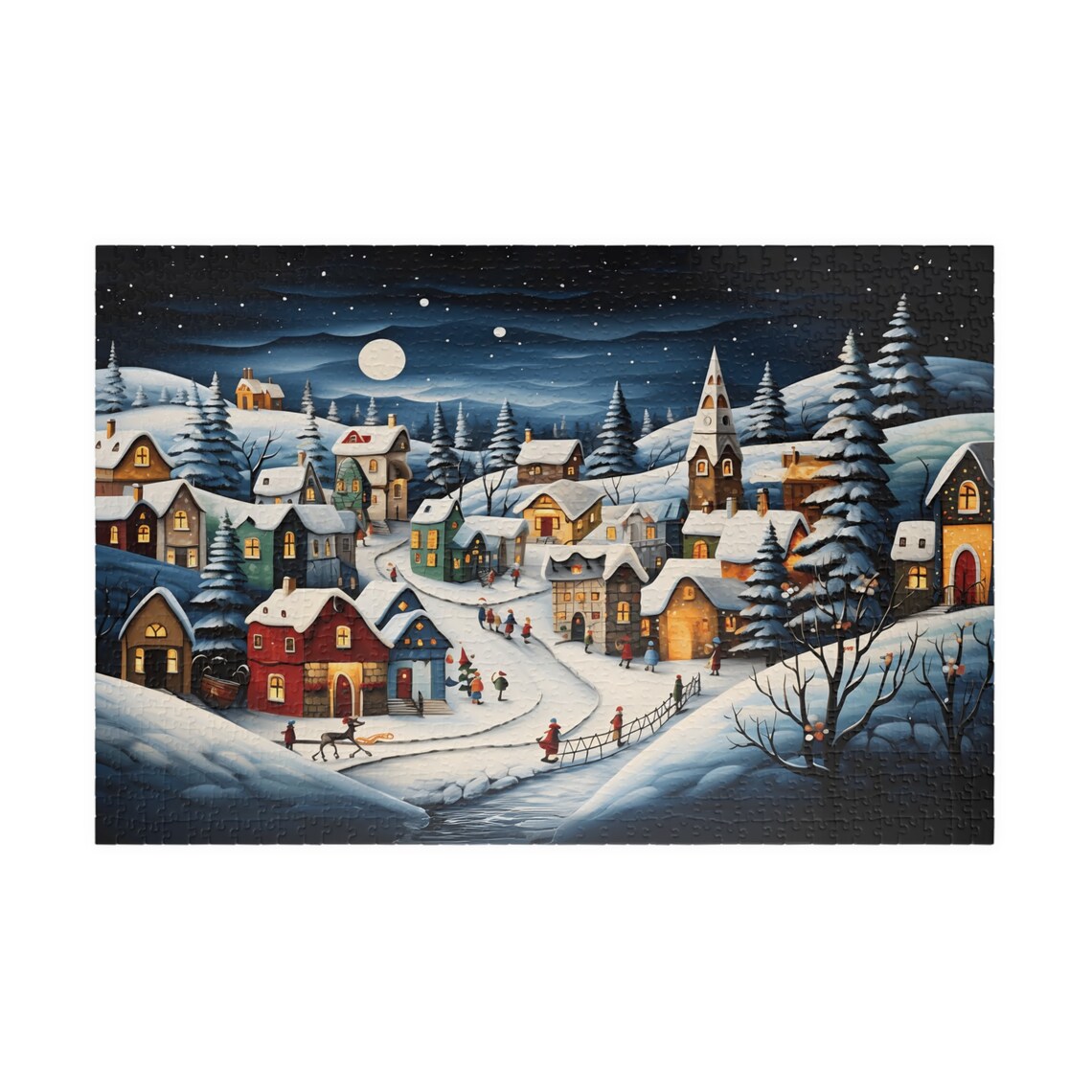 Moonlit Winter Village Folk Art Glowing Cottages Snowy Night Poster - Image 5
