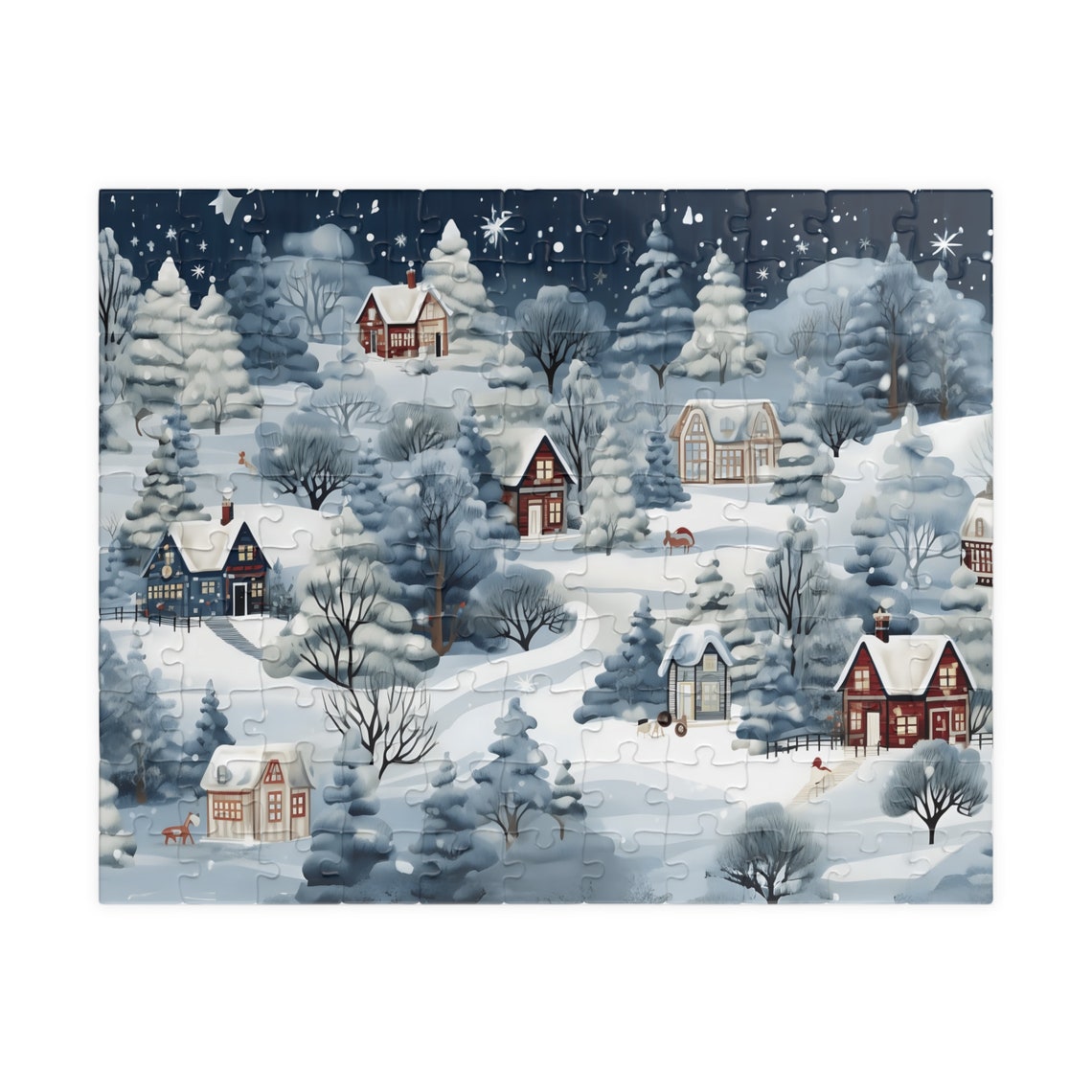 Snowy Winter Village Cabins Starry Night Pine Forest Art Poster - Image 2
