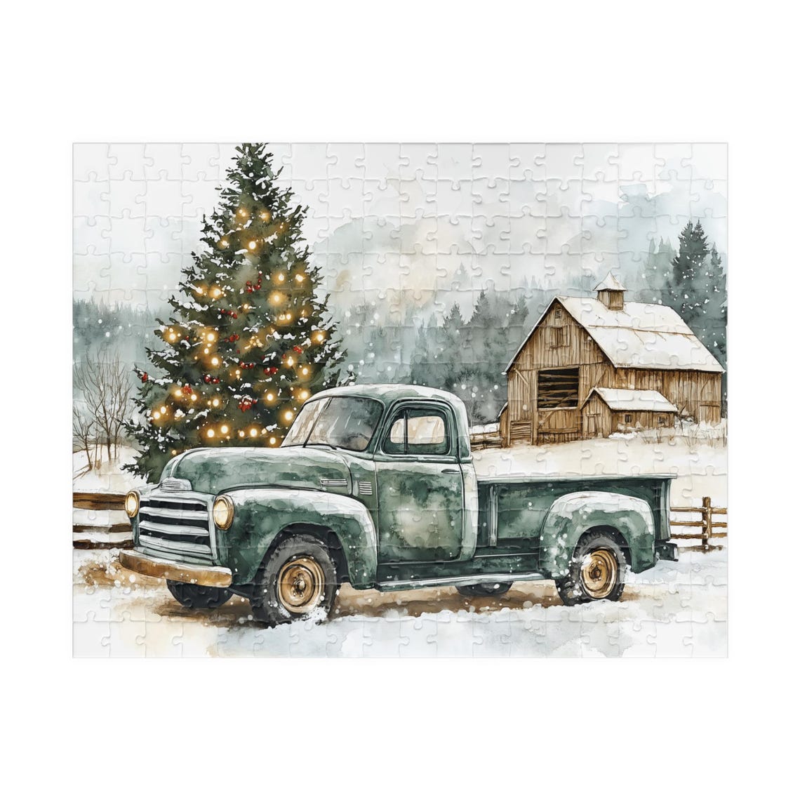 Vintage Green Pickup Truck With Christmas Tree at Snowy Barn Poster - Image 3