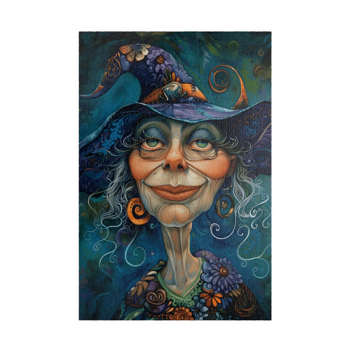 Whimsical Witch With Purple Swirled Hat Fantasy Jigsaw Puzzle Print - Image 3