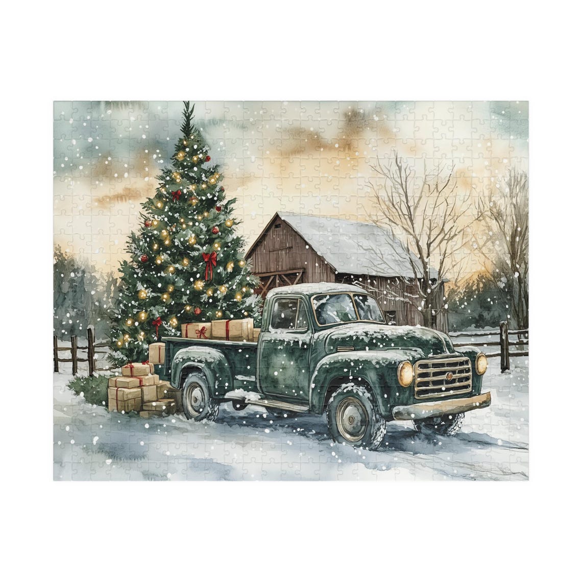 Vintage Green Truck With Christmas Tree Gifts and Red Barn Poster - Image 2