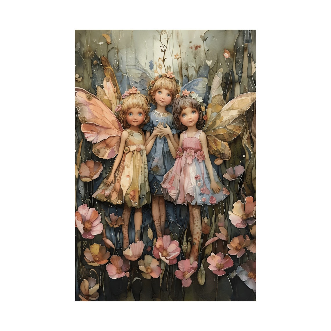 Three Fairy Sisters Dark Forest Cosmos Flowers Watercolor Poster - Image 3