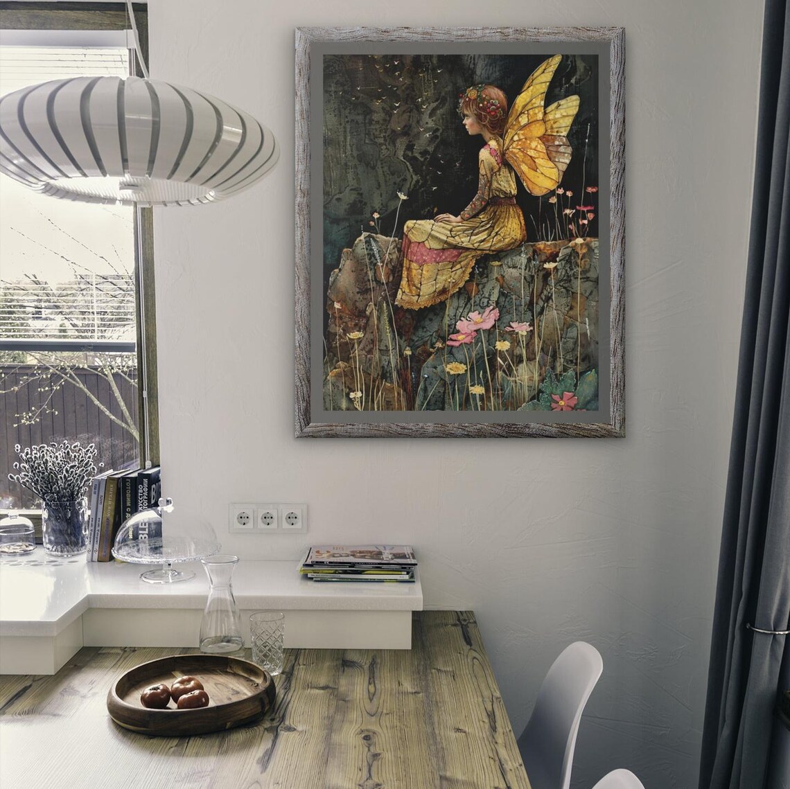 Moonlit Fairy with Golden Wings Among Wildflowers Watercolor Poster - Image 2