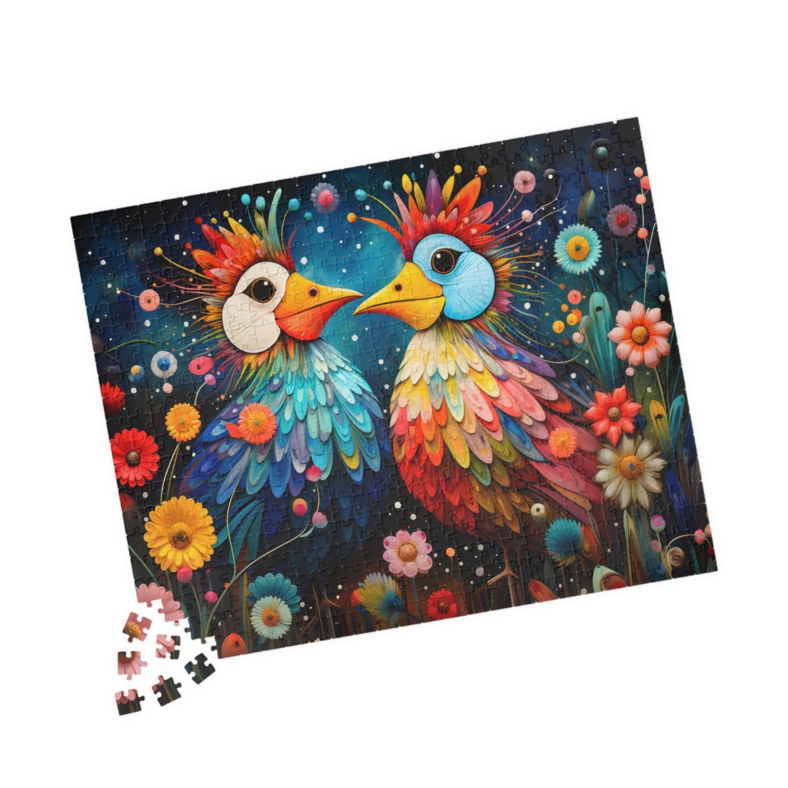 Two Whimsical Birds in a Night Bloom Flower Garden Scene Poster - Image 4