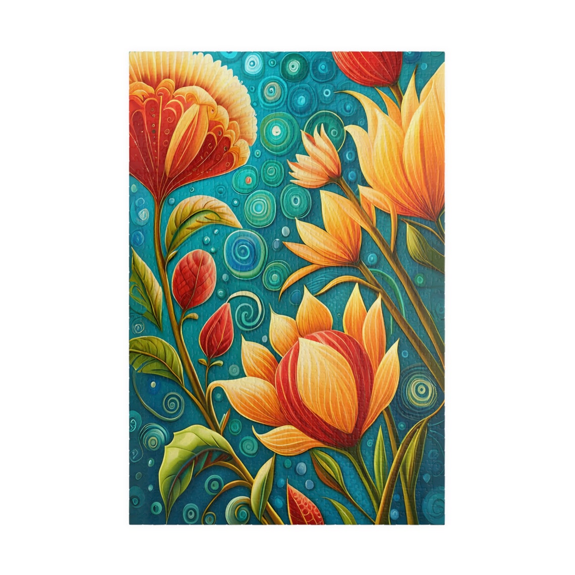 Stylized Orange Fantasy Flowers On Teal Boho Botanical Folk Art Poster - Image 3