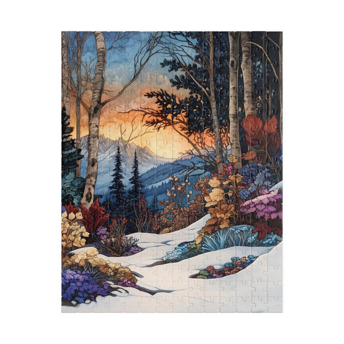 First Snow in Mountain Forest at Sunrise with Birch Trees Poster - Image 5