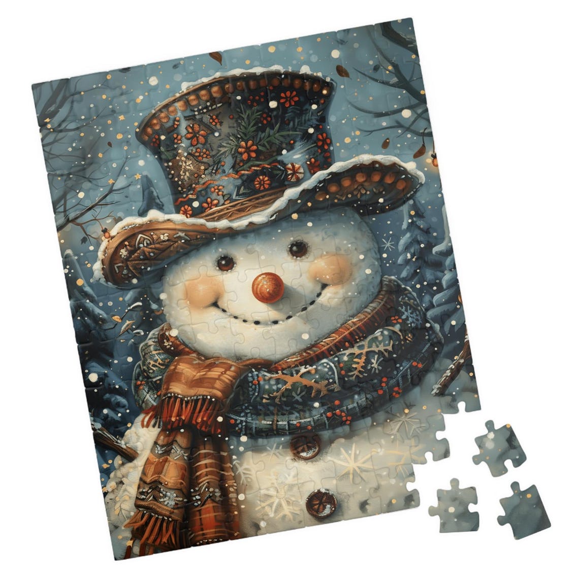 Jolly Snowman Vintage Floral Top Hat Winter Night Snow Poster