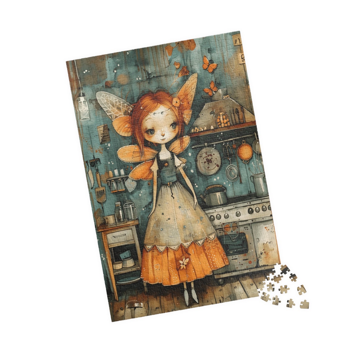 Red Haired Orange Fairy Standing in a Rustic Country Kitchen Art Print - Image 4