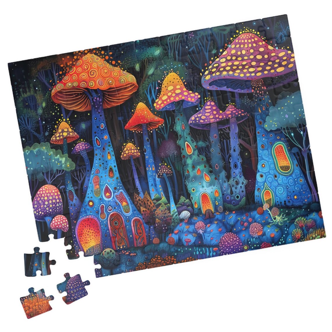 Enchanted Neon Glowing Mushroom Fairy Houses Night Forest Poster