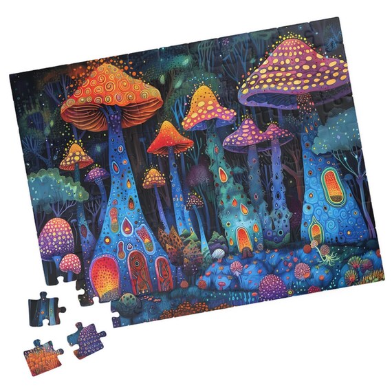 Enchanted Neon Glowing Mushroom Fairy Houses Night Forest Poster