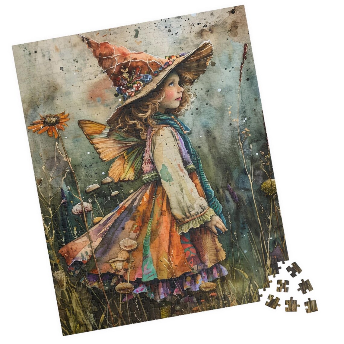 Watercolor Fairy Girl with a Witch Hat in a Wildflower Field Print