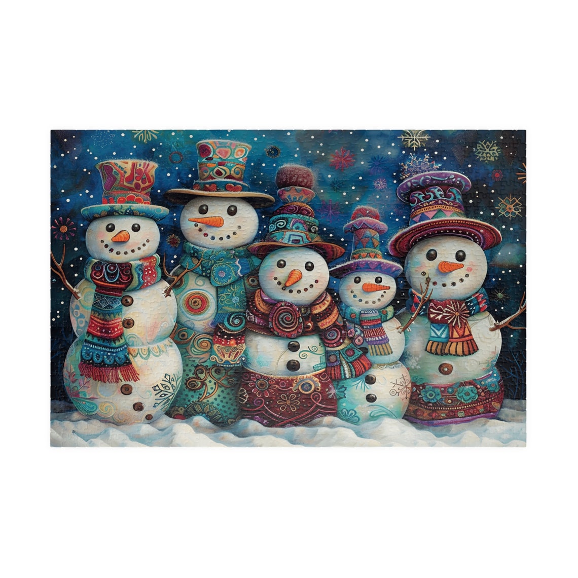 Five Whimsical Snowmen Friends in Tall Colorful Hats Night Poster - Image 3
