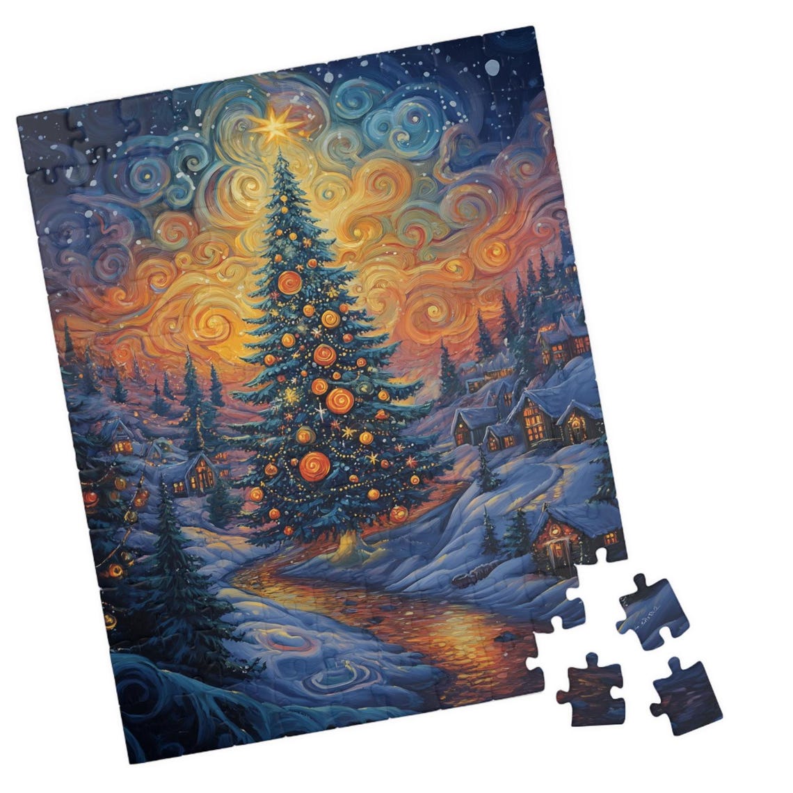 Whimsical Christmas Tree in Snowy Village Swirling Night Sky Poster