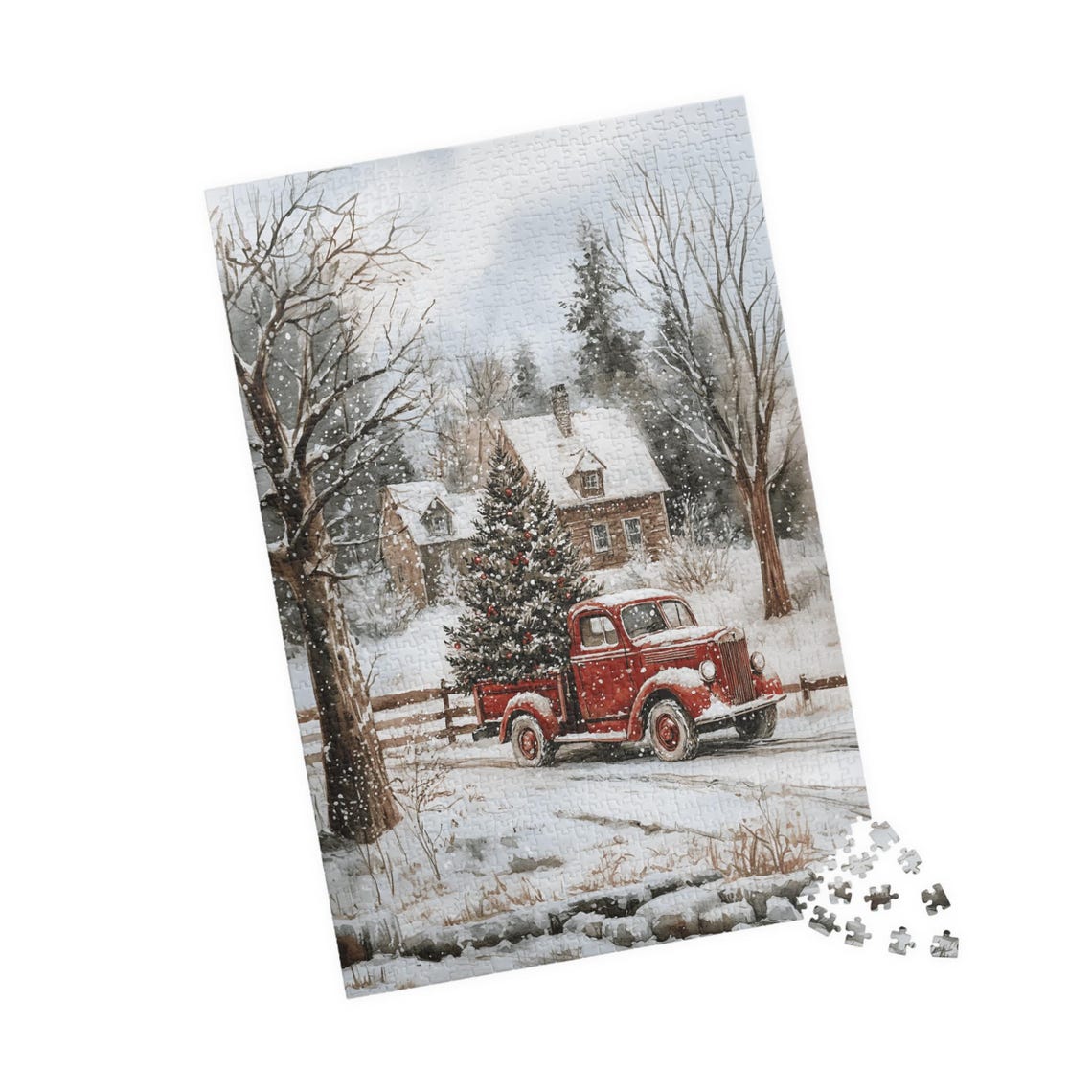 Red Vintage Truck Hauling Christmas Tree Through Snowy Woods Poster - Image 4