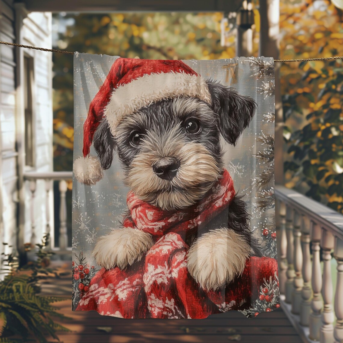 Cute Schnauzer Puppy in a Santa Hat and Red Scarf Christmas Poster