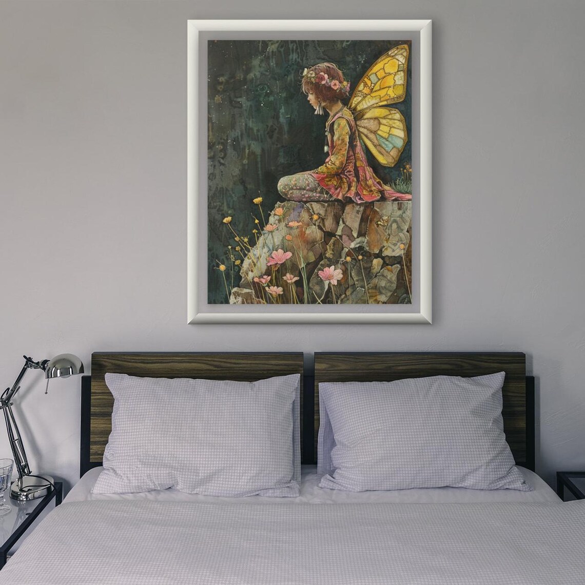 Mindful Fairy Resting On Rocks With Golden Wings And Flower Crown Poster - Image 2