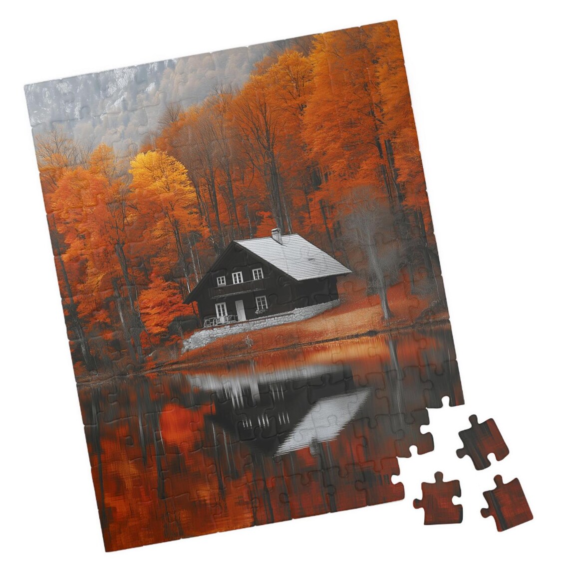 Lakeside Cottage in Autumn Reflected in Still Lake Orange Trees Poster