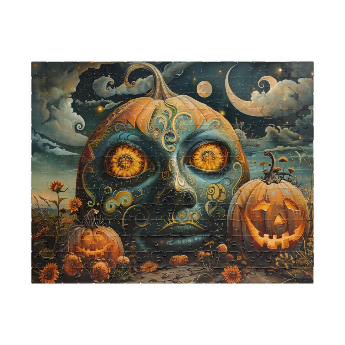 Dark Cottagecore Pumpkin With Ornate Painted Face Under Crescent Moon Poster - Image 3