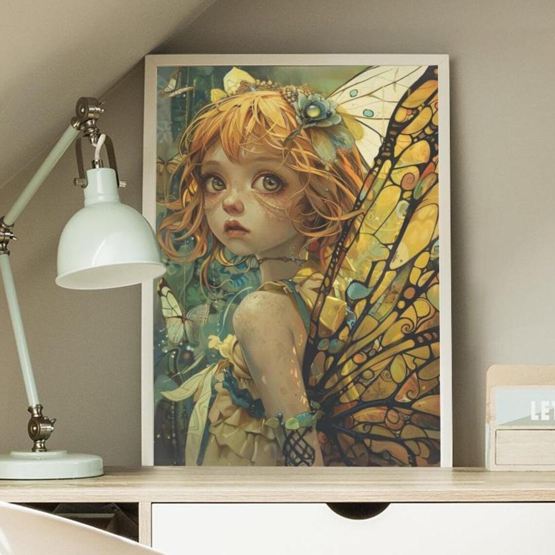 Orange Haired Fairy Girl With Stained Glass Butterfly Wings Art Poster