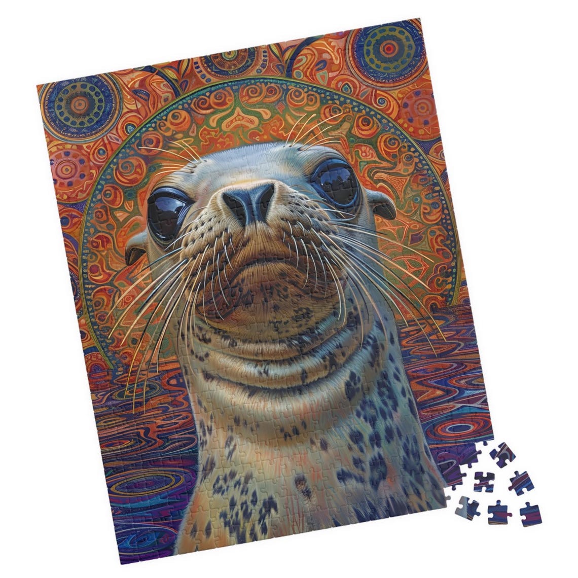 Baby Seal Close Up Portrait with Psychedelic Mandala Background Print