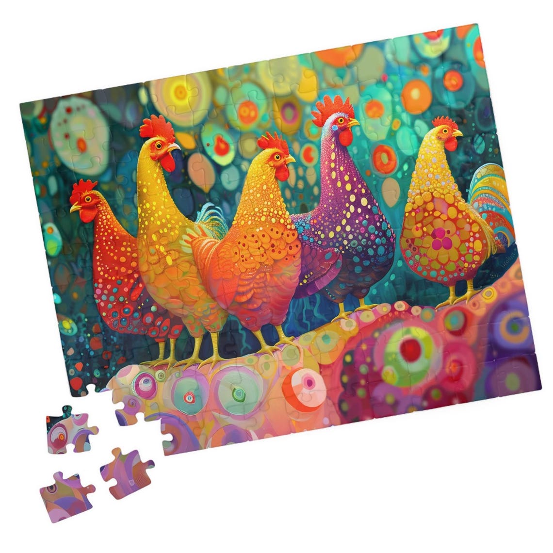 Five Whimsical Multicolored Chickens Bold Pop Art Scene Poster